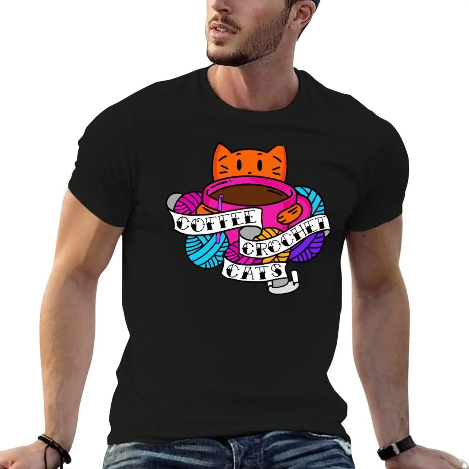 Coffee, Crochet & Cats! T-Shirt shirts graphic oversized men workout shirt