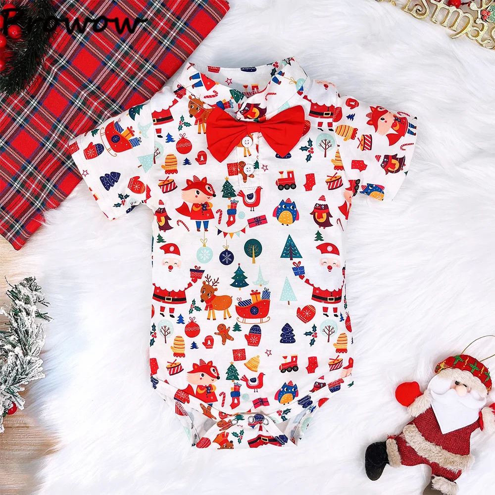 Prowow My First Baby Boys Christmas Outfits Animals Print Bodysuit and Red Suspender Shorts New Year Baby Costume Boys Sets