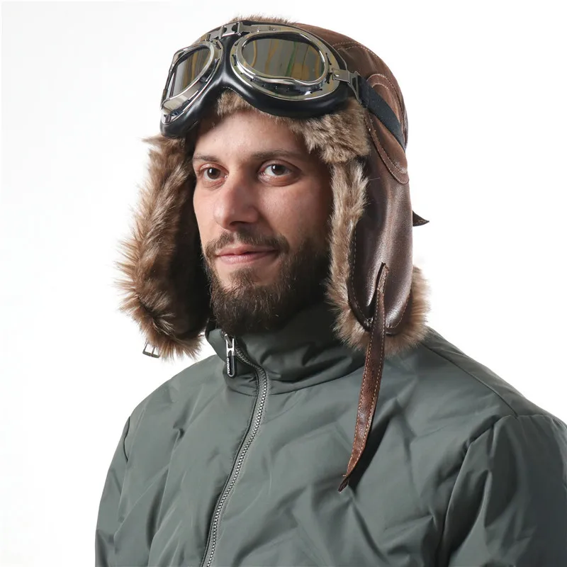 Men Winter Bomber Hat With Goggles Outdoor Motorcycle Windproof Warm Faux Fur Pilot Earflap Hat Leather Thermal Ushanka