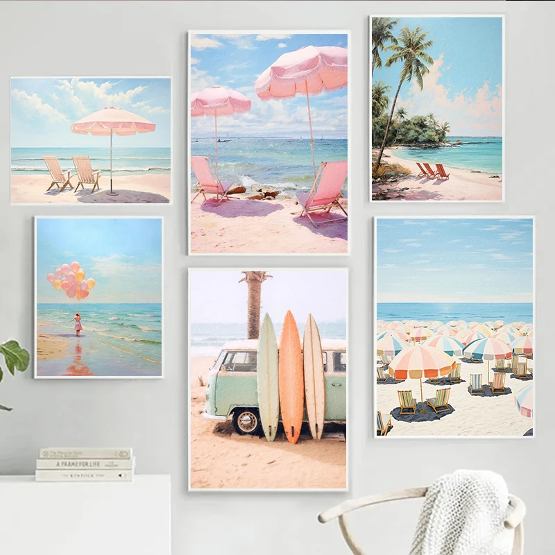 Retro Coastal Summer Pink Beach Chair Sunshade Surfboard Posters and Prints Canvas Printing Wall Art Picture for Home Decor Gift