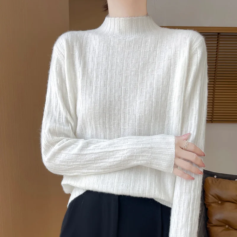 

2024 Autumn/Winter New Knitted Half High Neck Pure Wool Casual Fashion Women's Woolen Sweater Looks Thin and Versatile