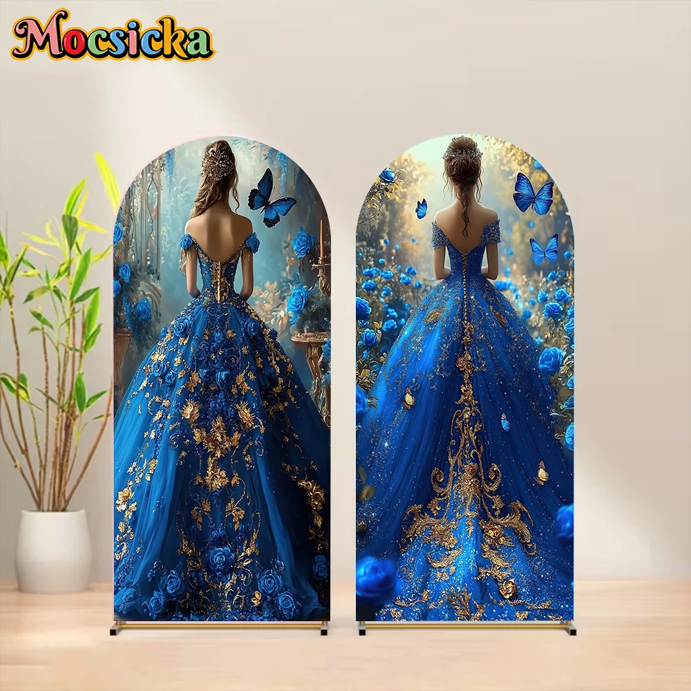 Mocsicka Queen Arch Background Covers Soft Double-Sided Studio Shooting Props Wedding Photo Backdrop Blue Flowers Pattern Decors