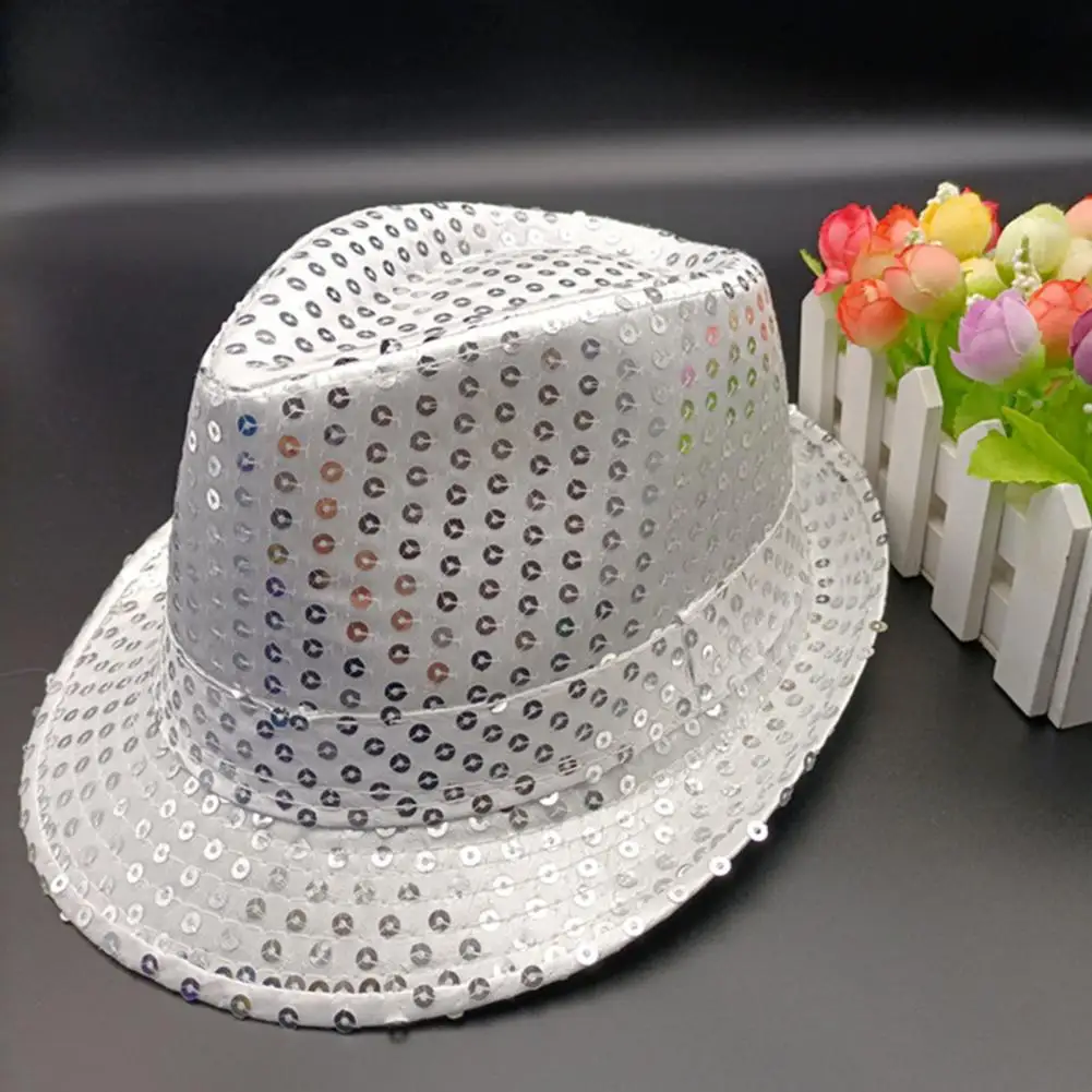 Adult Kids Sequins Jazz Hat Boys Girls Fedoras Short Brim Hemming Performance Sequins Hat Party Holiday Caps Carnival Hat