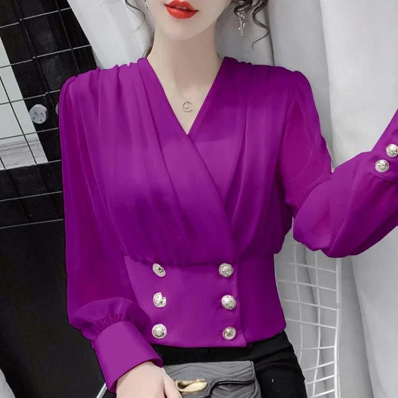 2024 Autumn New Long Sleeve Chiffon Shirt Elegant and Fashionable Waist Wrapped Bubble Sleeve Short Bottom Shirt Top N133