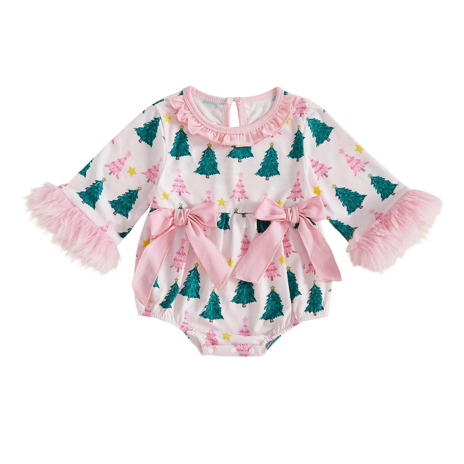 

Baby Girls Christmas Romper Tree Print Long Sleeve Ruffled Round Neck Jumpsuit with Bow