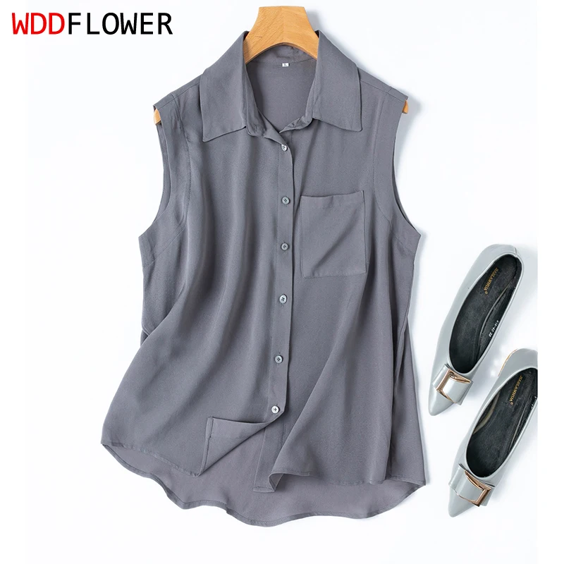 

100% Mulberry Silk Gray Color Collared Neck Sleeveless Women Tank Top Shirt Office Work M1621
