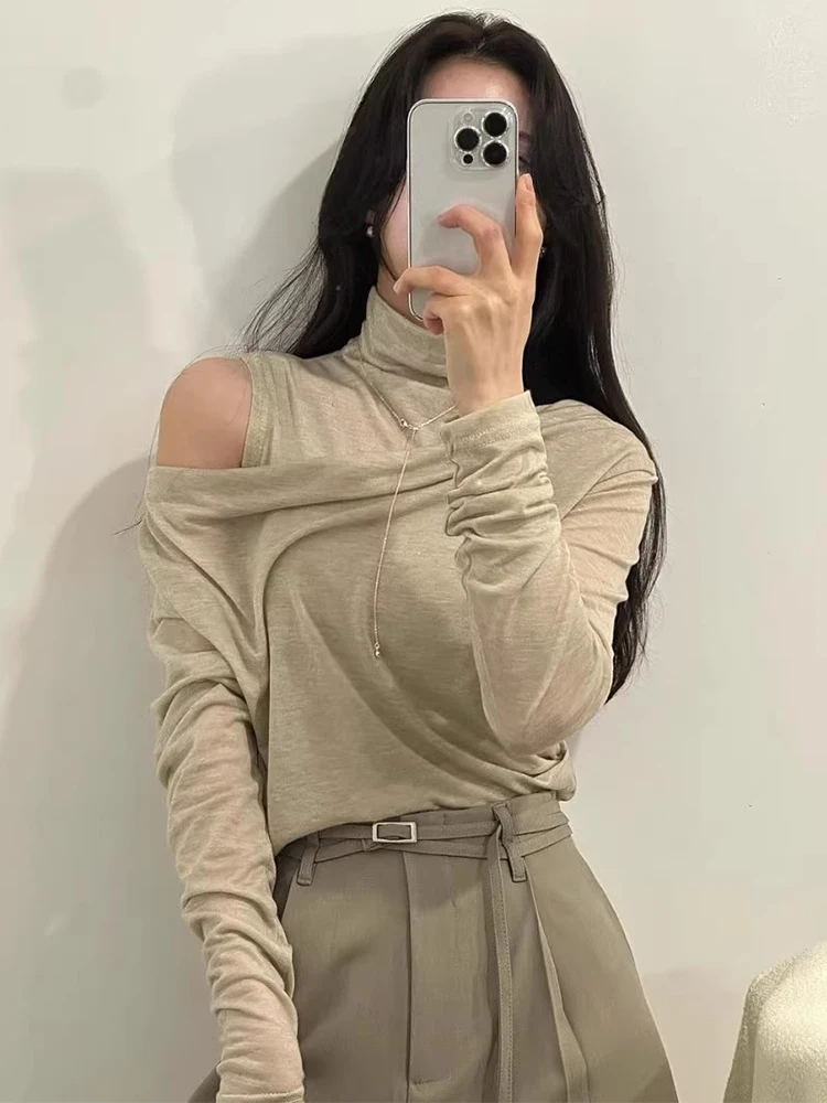 

Chic Early Autumn High Ne oulder Bared Long Sve Knitted Top Slimming Pleated Versatile Korean Sle Commute Faion