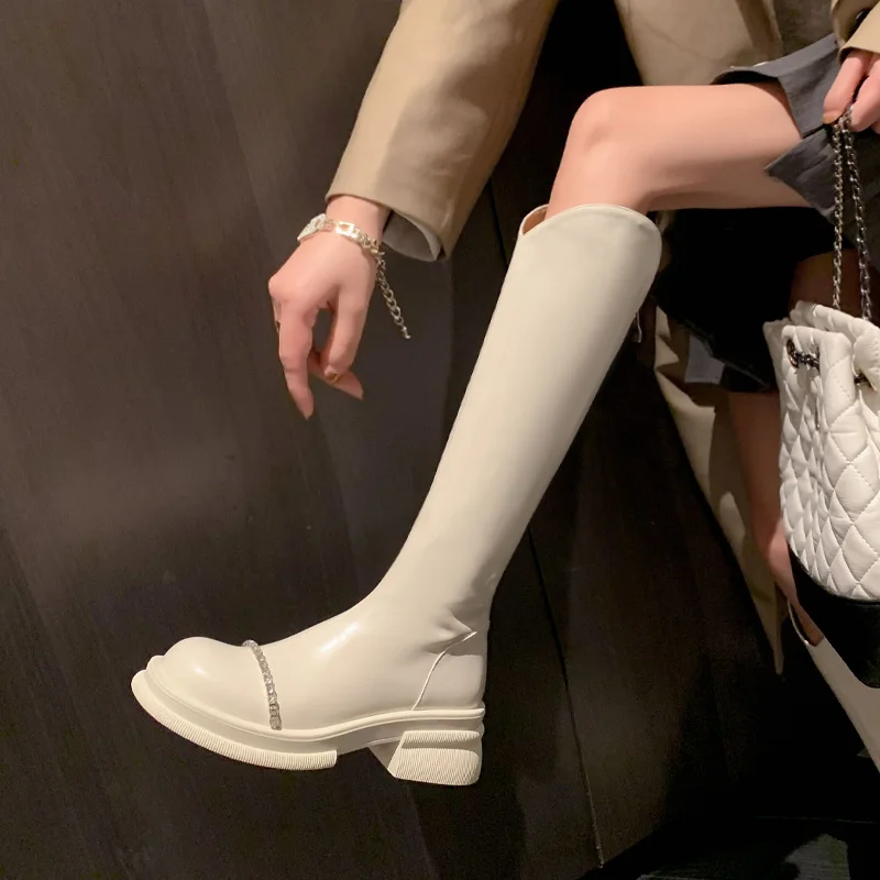 

New Autumn Winter Genuine Leather Knee-High Boots Women Shoes Thick Sole Height Increase Fashion Rhinestone Knight's Boots