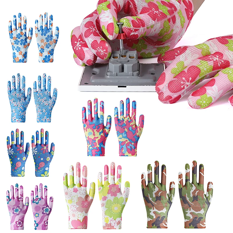 1Pair Women Garden Gloves Work Printed Pink Polyester Pink Latex Work Non-slip Safety Gloves For Mechanic Construction Tool