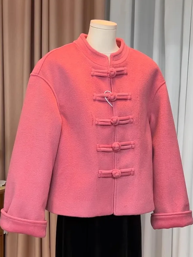 

New Chinese Style Short Woolen Coat for Women with Button Pink Cotton Lined Fashionable Versatile New Year's Robe for Mom