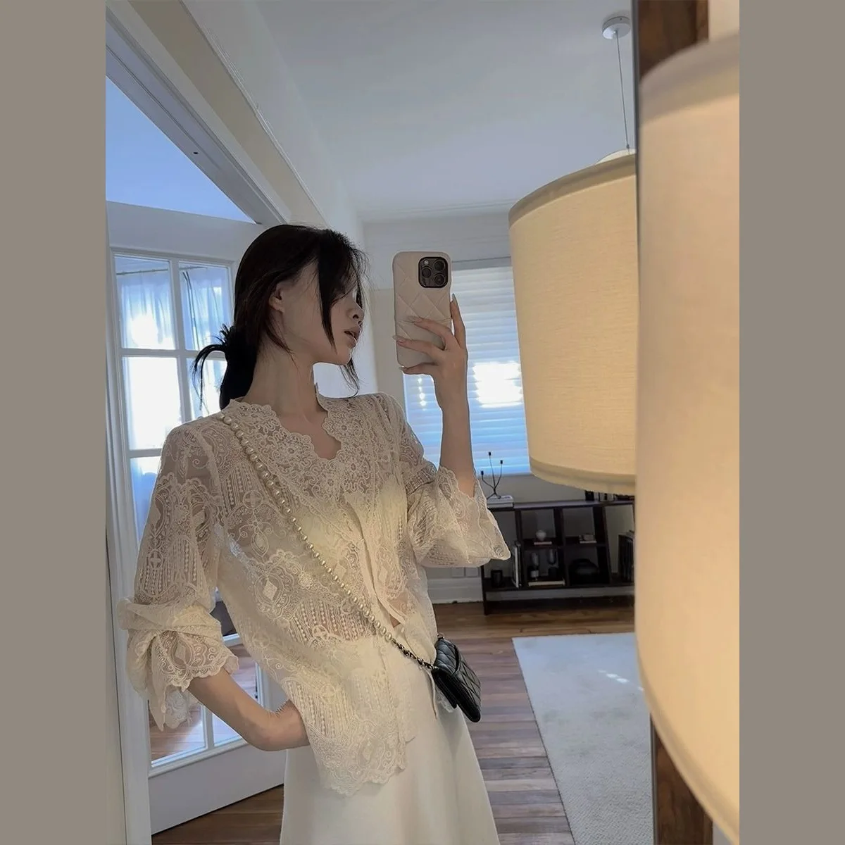 

Elegant Long Sleeve Lace Shirt Women's Cardigan Spring 2025 Korean Style Design Split Neck Open Front Casual Fashion Top