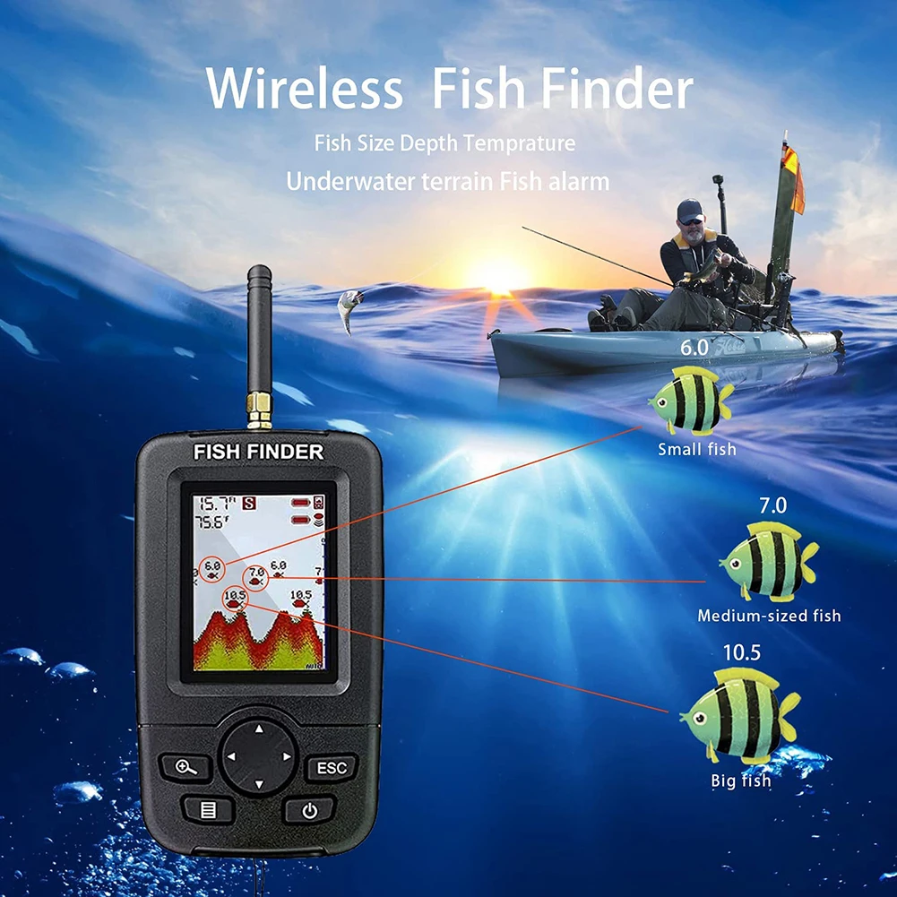 Sonar Depth Sounder Alarm Portable Wireless Fishing Lure Echo Sounder Handheld 45m/147ft LCD Display 125KHZ for Ice Fishing Sea