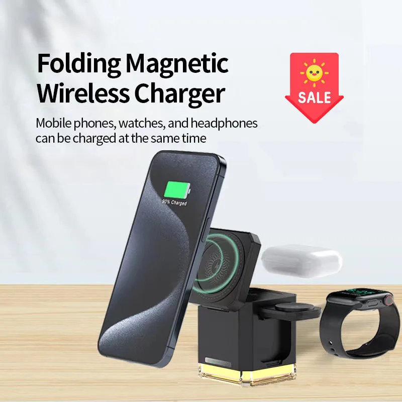 2025 Qi2 شاحن لاسلكي جديد مغناطيسي متعدد الوظائف 3 في 1 لهاتف آيفون 17 16 15 14 13 12 Pro Max Iwatch Airpods شاحن