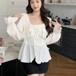 Square Neck Chiffon Long Sleeve Shirt Women's Niche Slim Top