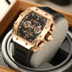 REEF TIGER Titan Rose Gold Tonneau Mechanical Automatic Mens Watches Multifunction Lumious Rubber Watch Orologio da uomo RGA3009