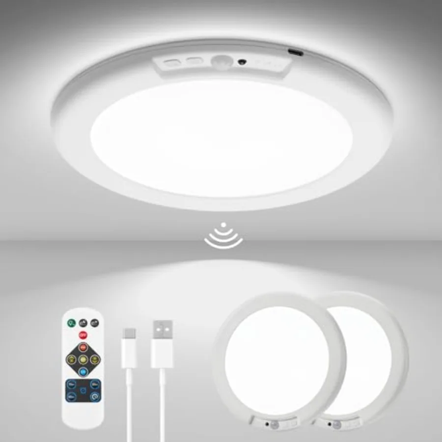 

2Pcs Battery Operated Ceiling Lights Rechargeable Motion Sensor Light Indoor Wireless Shower Light with Remote 3000K 4500K 6500