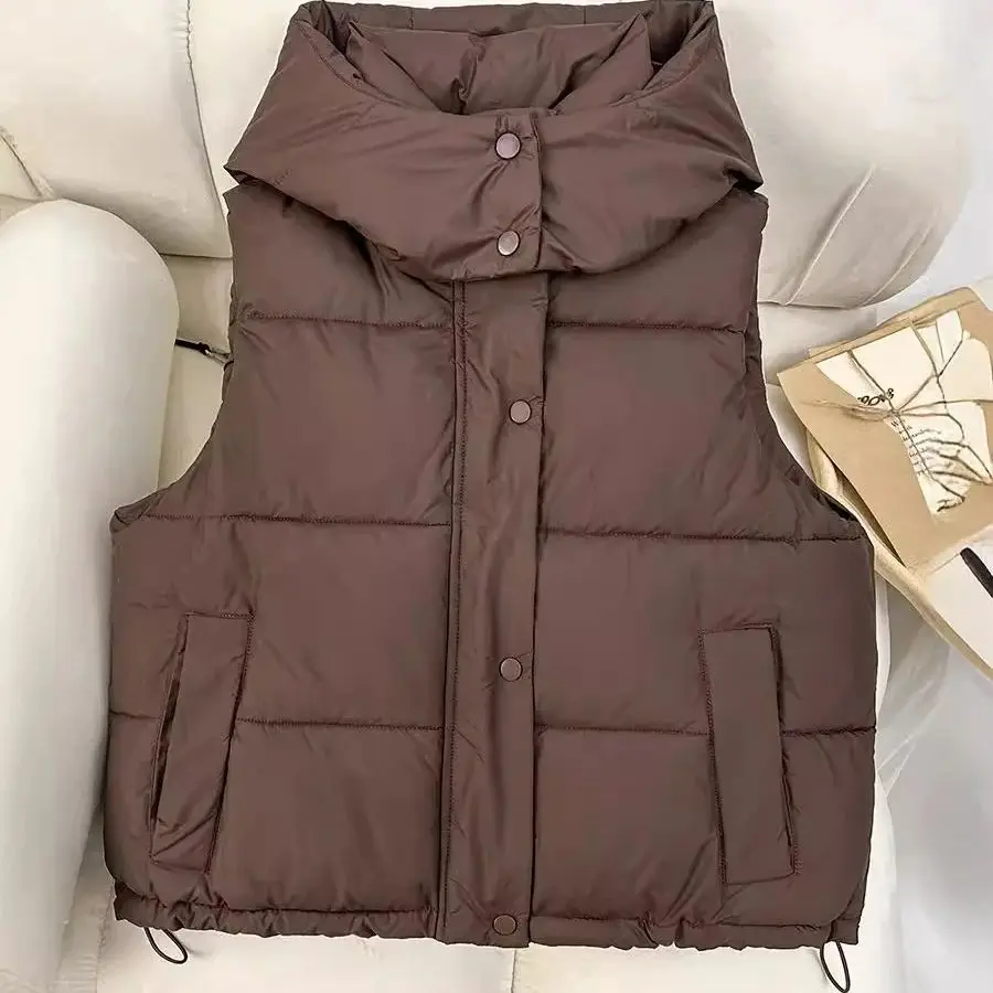Gilet corto in cotone autunno inverno Giacca senza maniche con cappuccio da donna Cardigan con cerniera allentata semplice e versatile in stile europeo alla moda