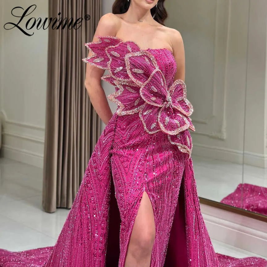 فساتين لحضور الحفلات الموسيقية باللون الوردي الساخن بدون حمالات فستان سهرة عربي دبي 2025 مخصص لحفلات الخطوبة مع ذيل طويل رداء السهرة #1