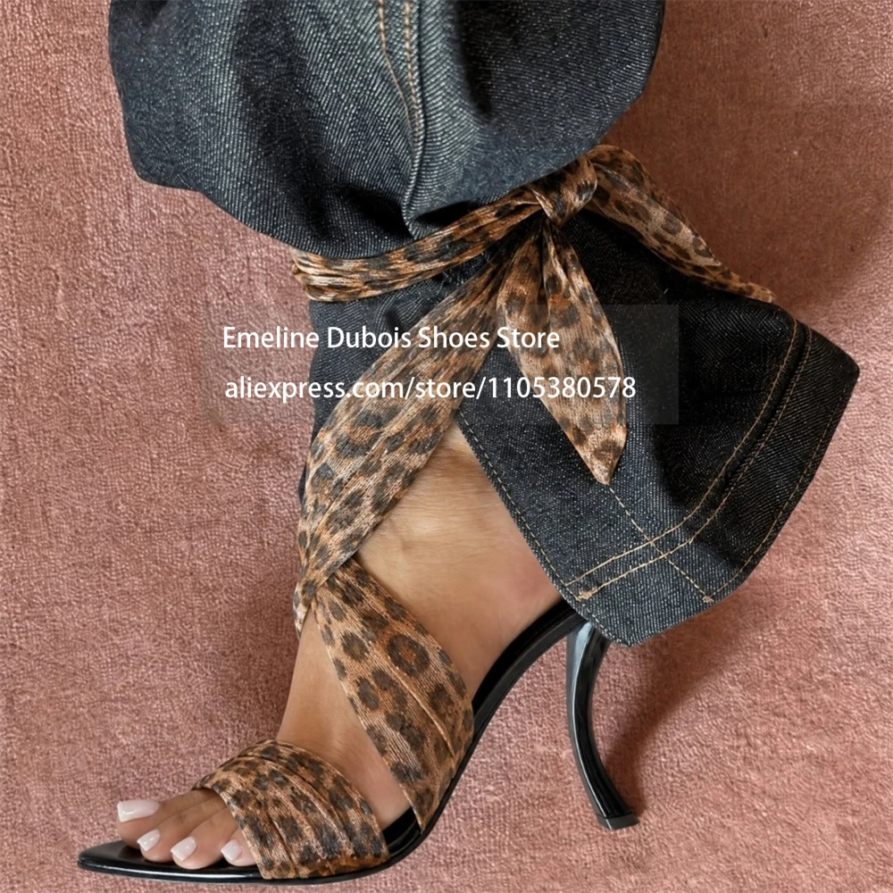 Leopard Ribbon Wrap Around Ankle Strap Curved Heel Sandals Open Toe High Heel Sandals Sexy Summer Party Street Shoes for Women