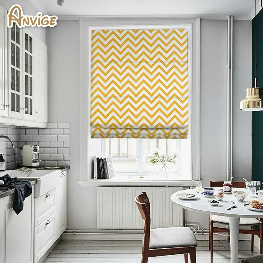Anvige Modern Motorized Yellow Wave Printed Roman Shade Rollor Blind Window Curtains For Living Room