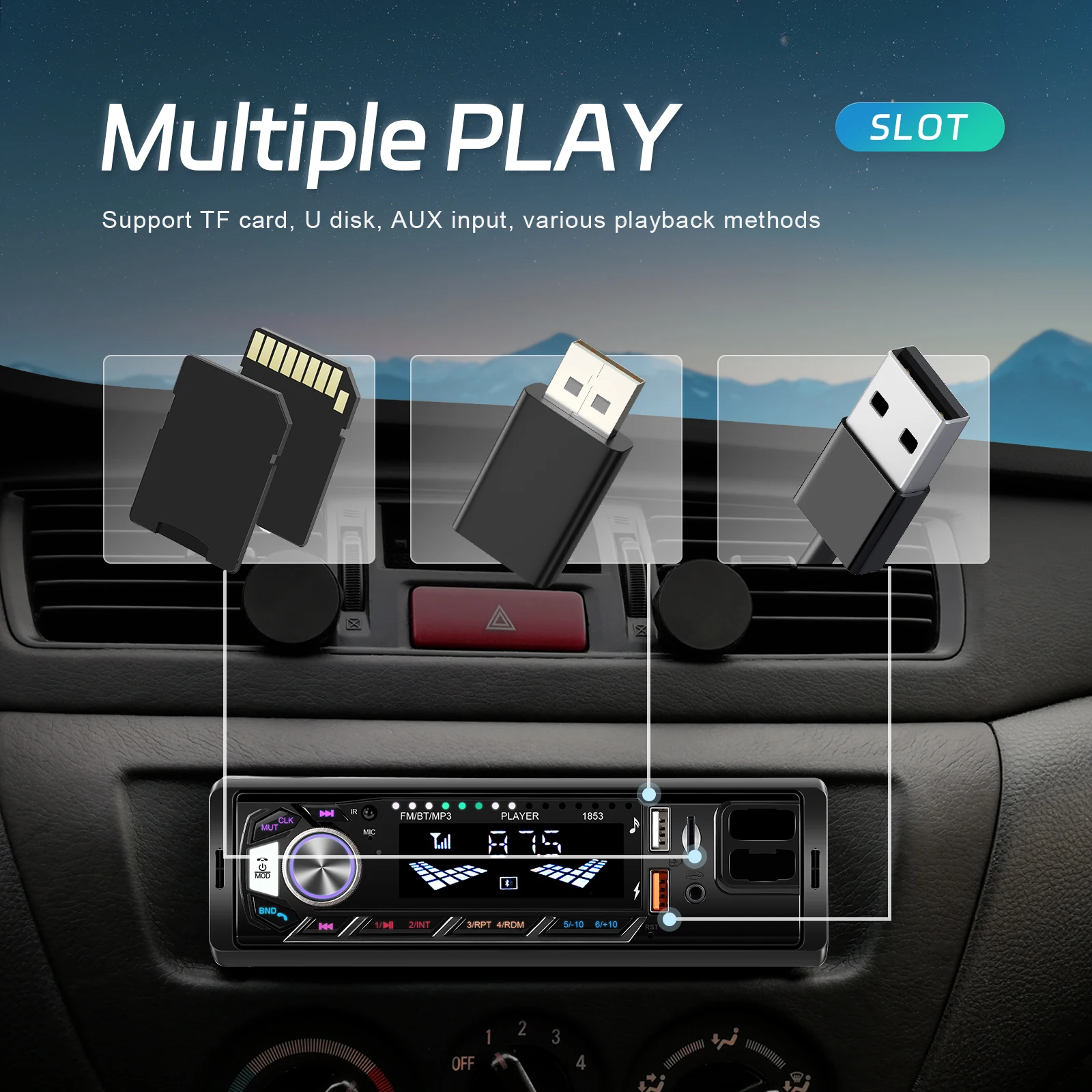 Podofo Auto 1din Audio Radio Bluetooth Stereo MP3-Player FM-Empfänger unterstützt Telefonaufladung AUX/USB/TF-Karte mit Telefonhalterung – Detail 6