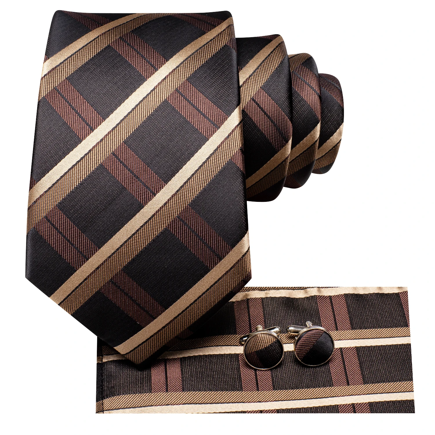 Plaid Zwart Bruin Zijden Bruiloft Stropdas Voor Mannen Gift Heren Stropdas Hanky Manchetknopen Set Fashion Business Party Dropship Hi-Tie Designer