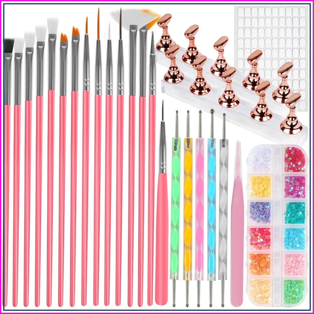 25PCS Nail Art Tools Set: Brushes, Dotting Tools, Striping Liner Pens, Jelly Glue, Tweezers, Sequins, Nail Stand - Professional Manicure Kit