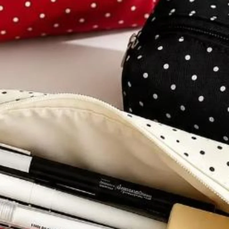 Polka Dot Canvas Pencil Case Simple Aesthetic Stationery Pouch Portable Small Storage Bag Student Back To School Office Supplies