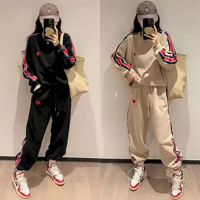 Love Embroidery Sweatshirts and Sweatpants for Women, Casual Hoodies, Oversized 2-Piece Sets, Korean Fashion, Y2k Clothes