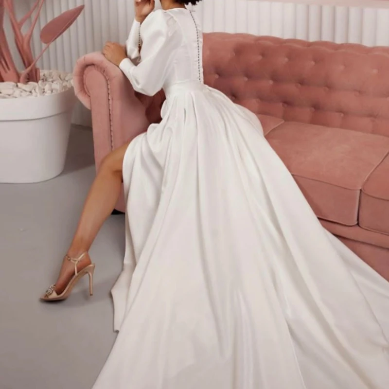 Elegante vestido de casamento com fenda lateral para mulheres personalizado 2025 simples uma linha quadrada mangas compridas com zíper até cetim nupcial crescido