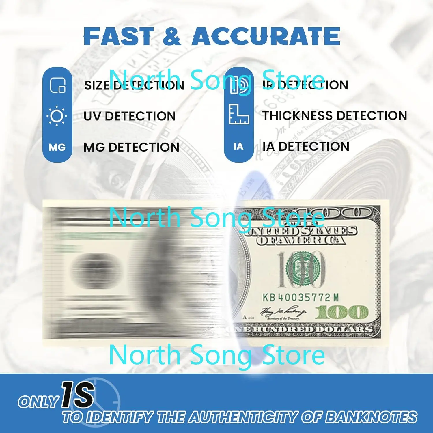 Portable Counterfeit Bill Detector Rechargeable 4 Way Direction Bill Checker Machine with Visual&Audible Alert 1s Money Detector