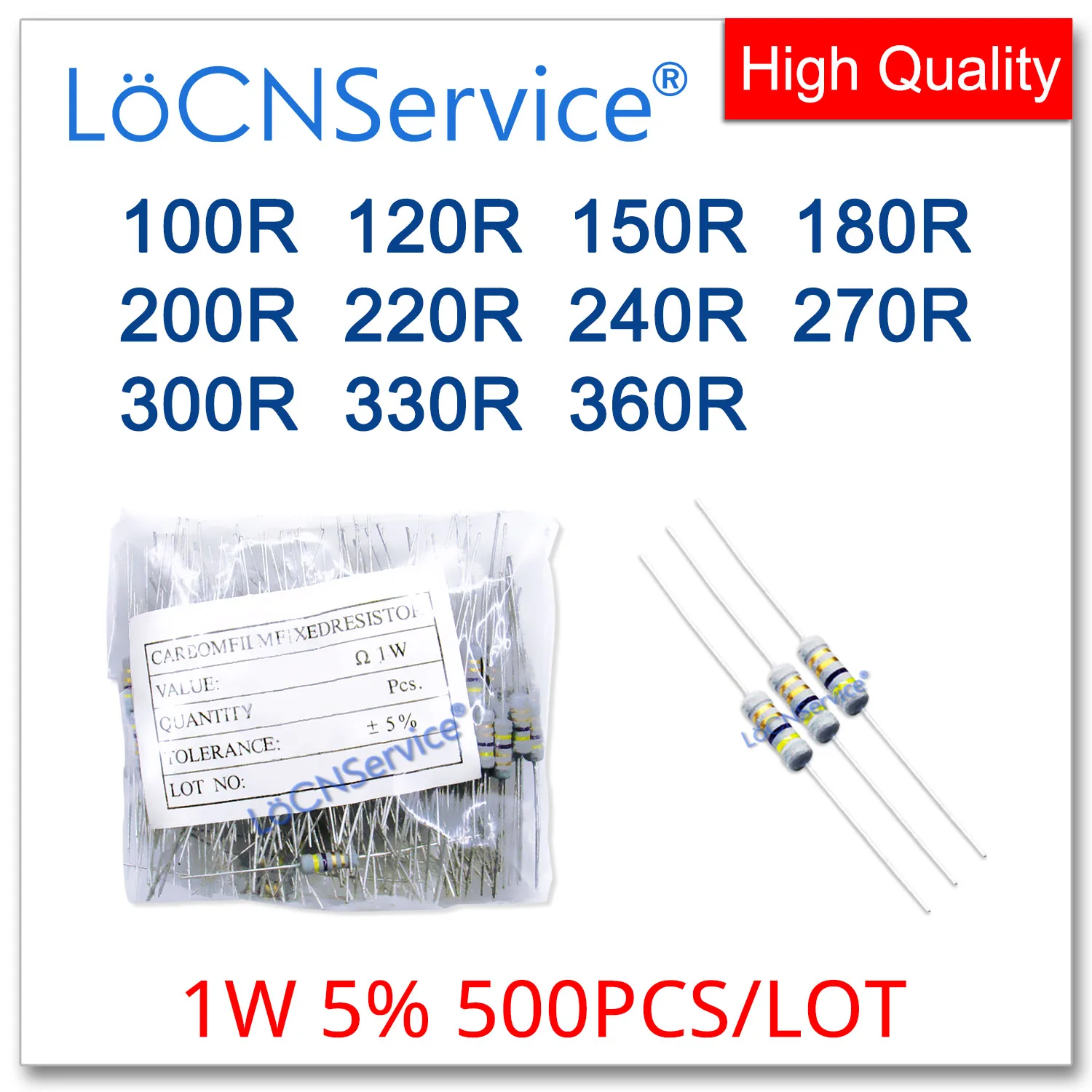 LoCNService 500PCS/LOT 5% 1W 100R 120R 150R 180R 200R 220R 240R 270R 300R 330R 360R Carbon Film Resistor DIP OHM