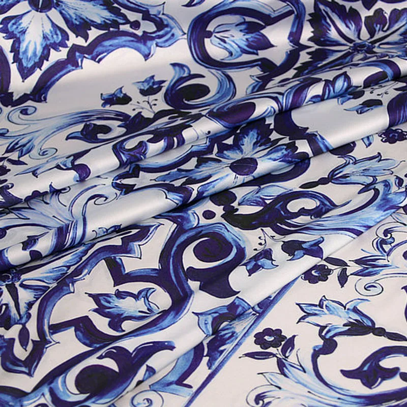 Europe And America Blue And White Porcelain Printed Imitate Silk Satin Fabric For Women Dress Blouse Handmade DIY Cloth Sewing