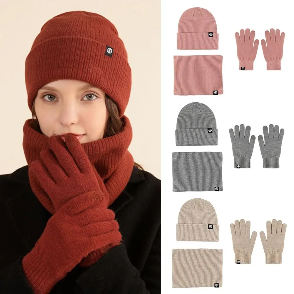 Winter Beanie Hat Scarf Gloves, Warm Fleece Knit Winter Hats Touch Screen Gloves Neck Scarf Set Winter Gifts for Women Men