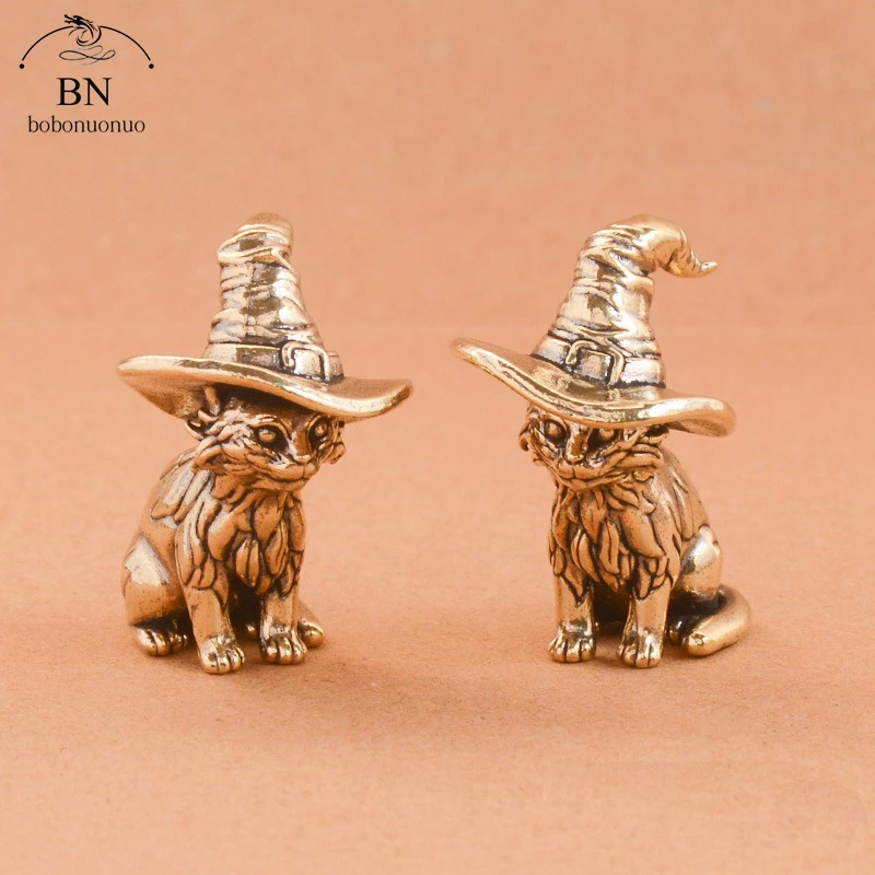 Cute sorcerer Cat Small Statue Creative Solid Brass Childish Animal Kitten Miniature Figurine Ornaments Retro Home Decors - view 4