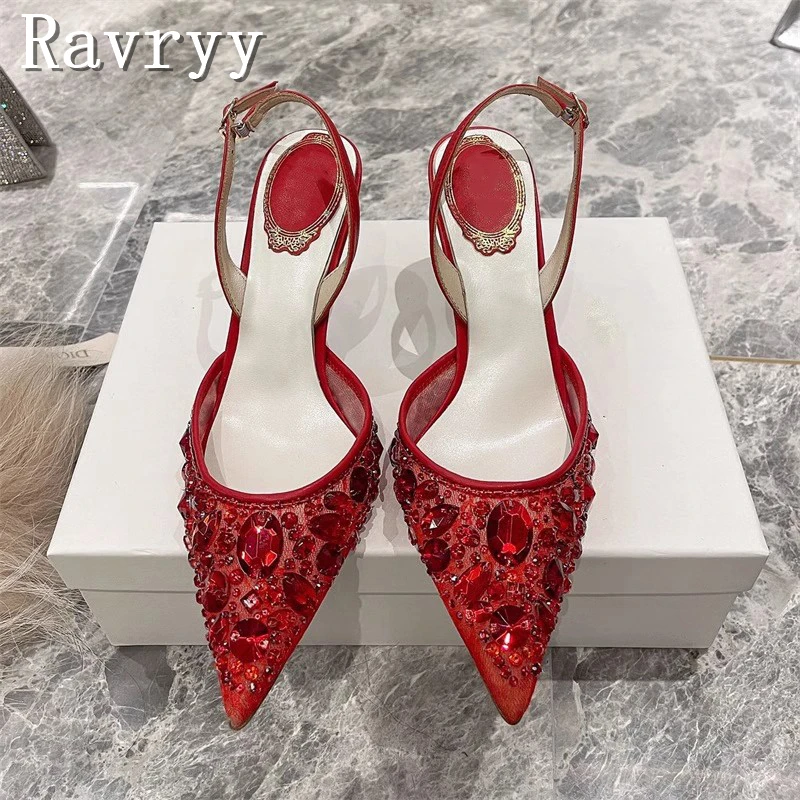 Z ostrym noskiem koronkowe kryształowe damskie czółenka nowe buty na wysokim obcasie ślubne luksusowy Design Sexy panna młoda szpilki na imprezę