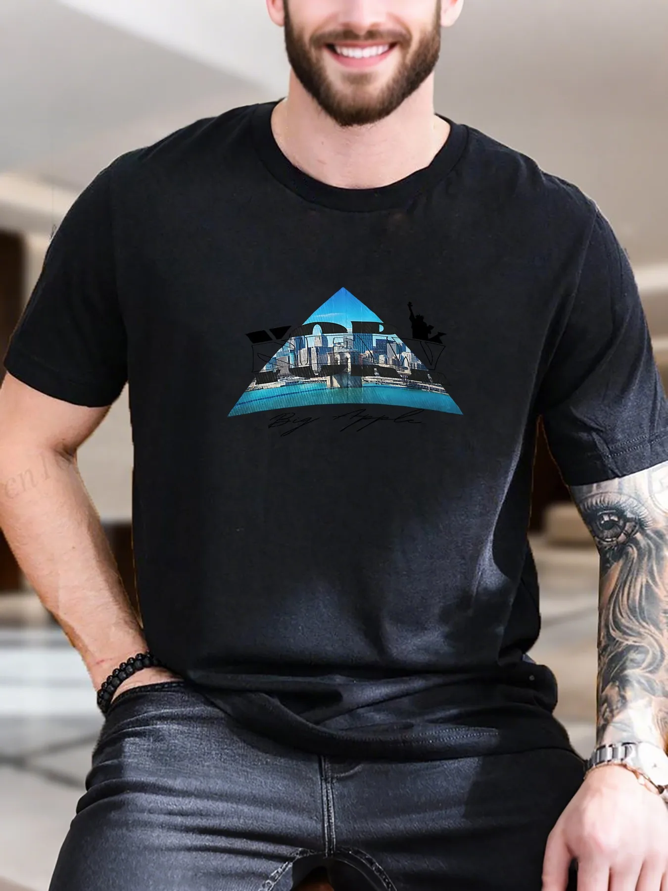 

New Arrival Fashion Men's Printed Short Sleeve T-Shirt 100% Cotton Soft Breathable Tee with Artistic Bridge Design Casual Comfort