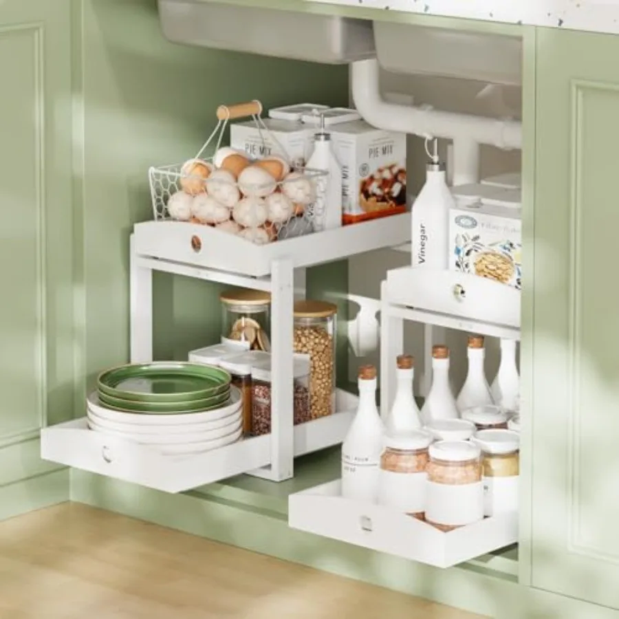 

2 упаковки органайзера под раковину, бамбуковый деревянный 2-уровневый выдвижной органайзер для хранения с выдвижными ящиками для кухонных и ванных комнат, легкий я