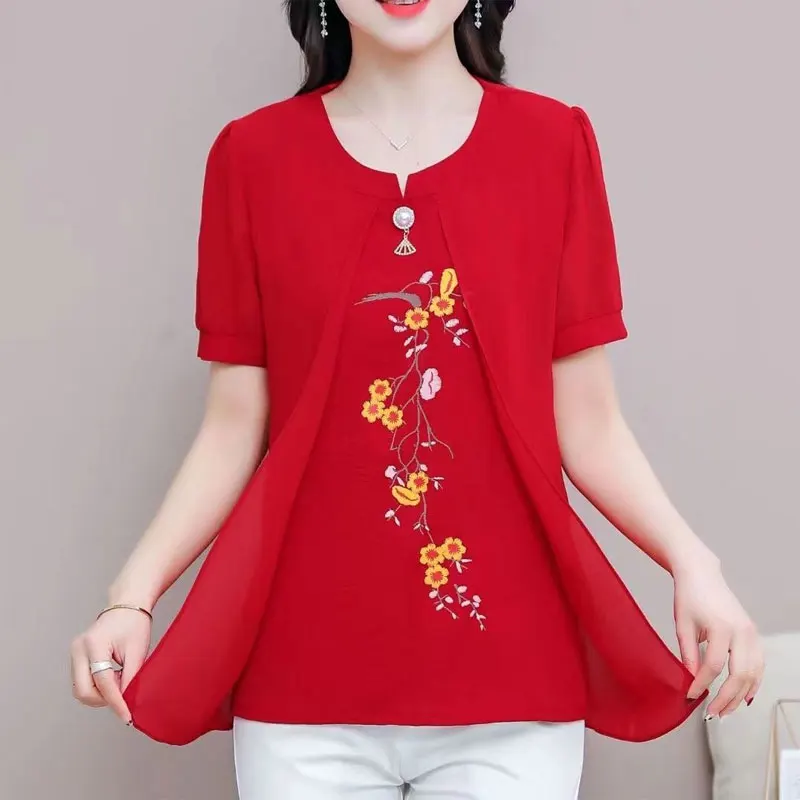 Female Clothing Floral Printed Blouse Fake Two Pieces Patchwork Summer Casual Three-dimensional Decoration Commute O-Neck Shirt