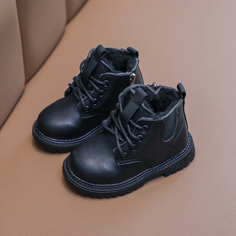 Kids Cotton Footwear Children Warm Boots Non-slip Wear-resistant Boys Girls Leather Shoes Baby British Style Small Short Boots