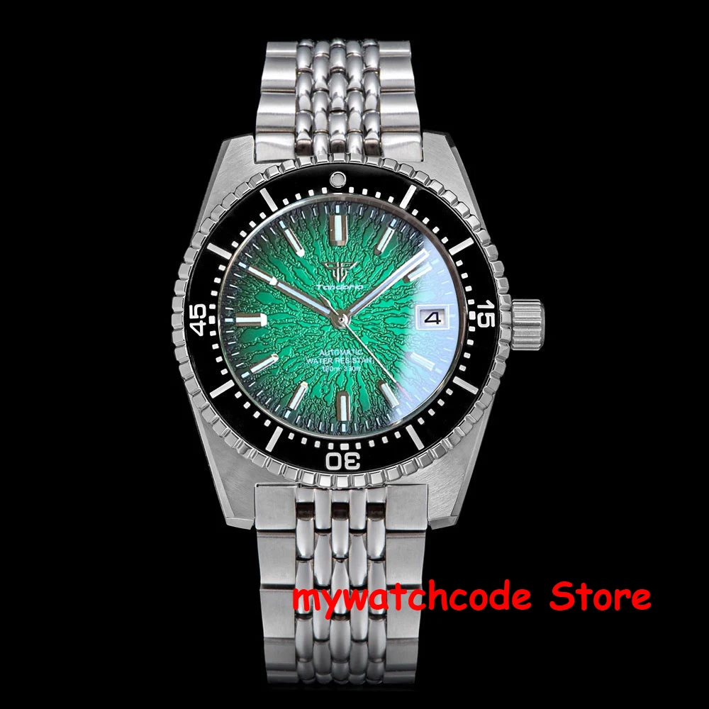 Tandorio New 62MAS 40mm Men Mechanical Watch Green Teacup Pattern Date Face Sapphire Crystal Japan NH35 Automatic Movement Lume