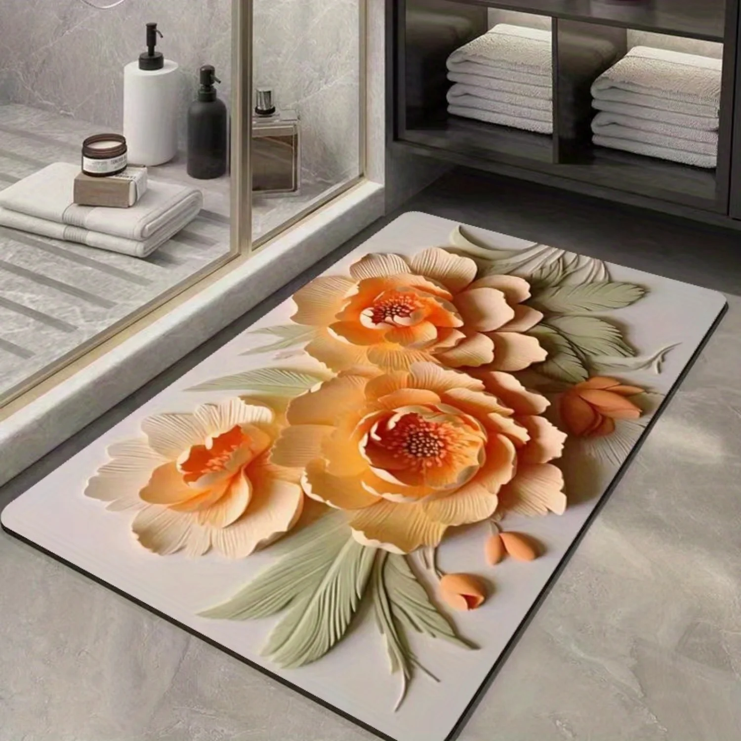 Alfombra de suelo de flores 3D con tecnología absorbente de agua de barro de diatomeas - Almohadilla antideslizante de secado rápido para baño y sala de estar -