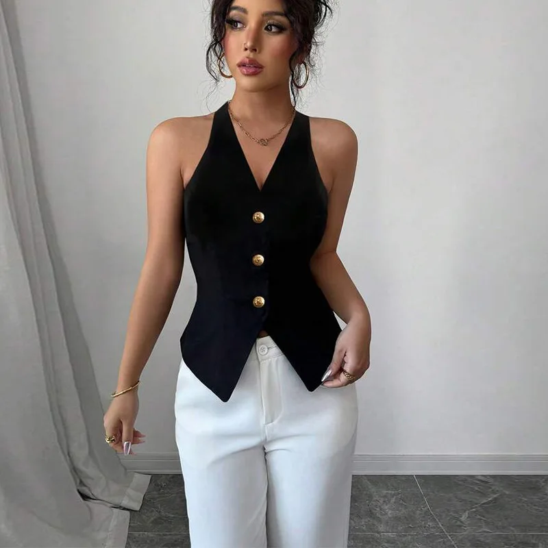 

Nighpha Fashion Black Halter Vest Women 2025 Summer Sexy Strap Sleeveless V-Neck Tanks Tops Office Lady Casual