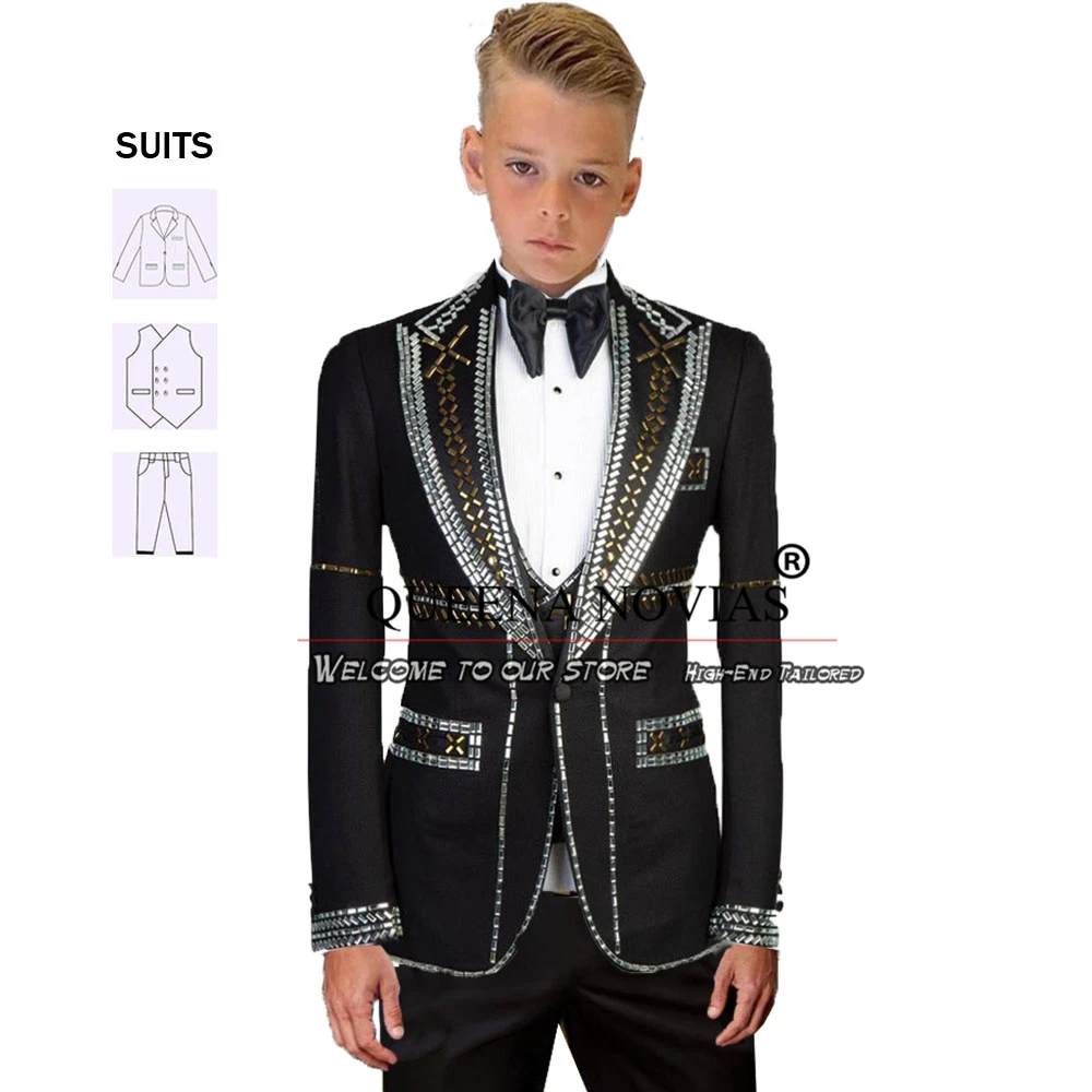 

Luxury Boys' Attire Suits Jewelry Diamond Children Formal Party Tuxedo Tailored Single Breasted Jacket Vest Pants 3 Pcs Clothing