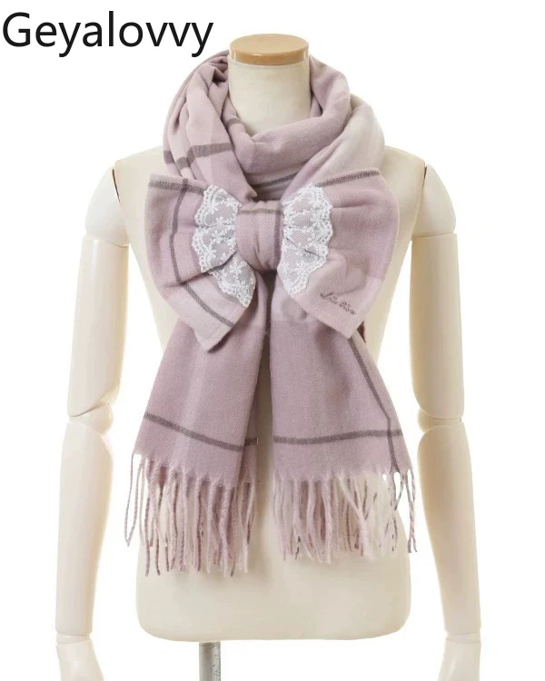 

Large Bow Tassel Plaid Scarf Japanese Sweet Cute Style for Girls Autumn Winter New Versatile Outdoor Warm Scarfs Accessories