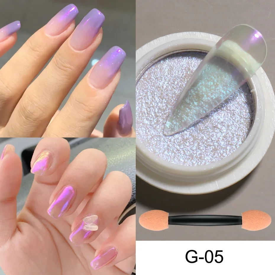 Solide Aurora Nagel Pulver Meerjungfrau Chrom Spiegel Pigment Nail art Dekorationen Perle Staub Pinsel Set Glitters TRG01-06