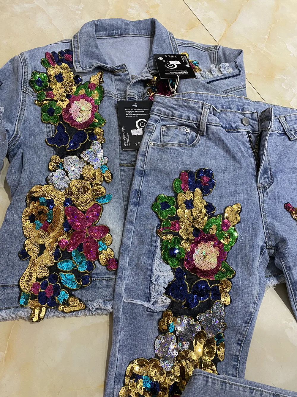 European Style Denim Suit Fashion Outfit Women New Flower Sequined Denim Jacket Short Jacket & Jeans Pants Two-Piece Set Female