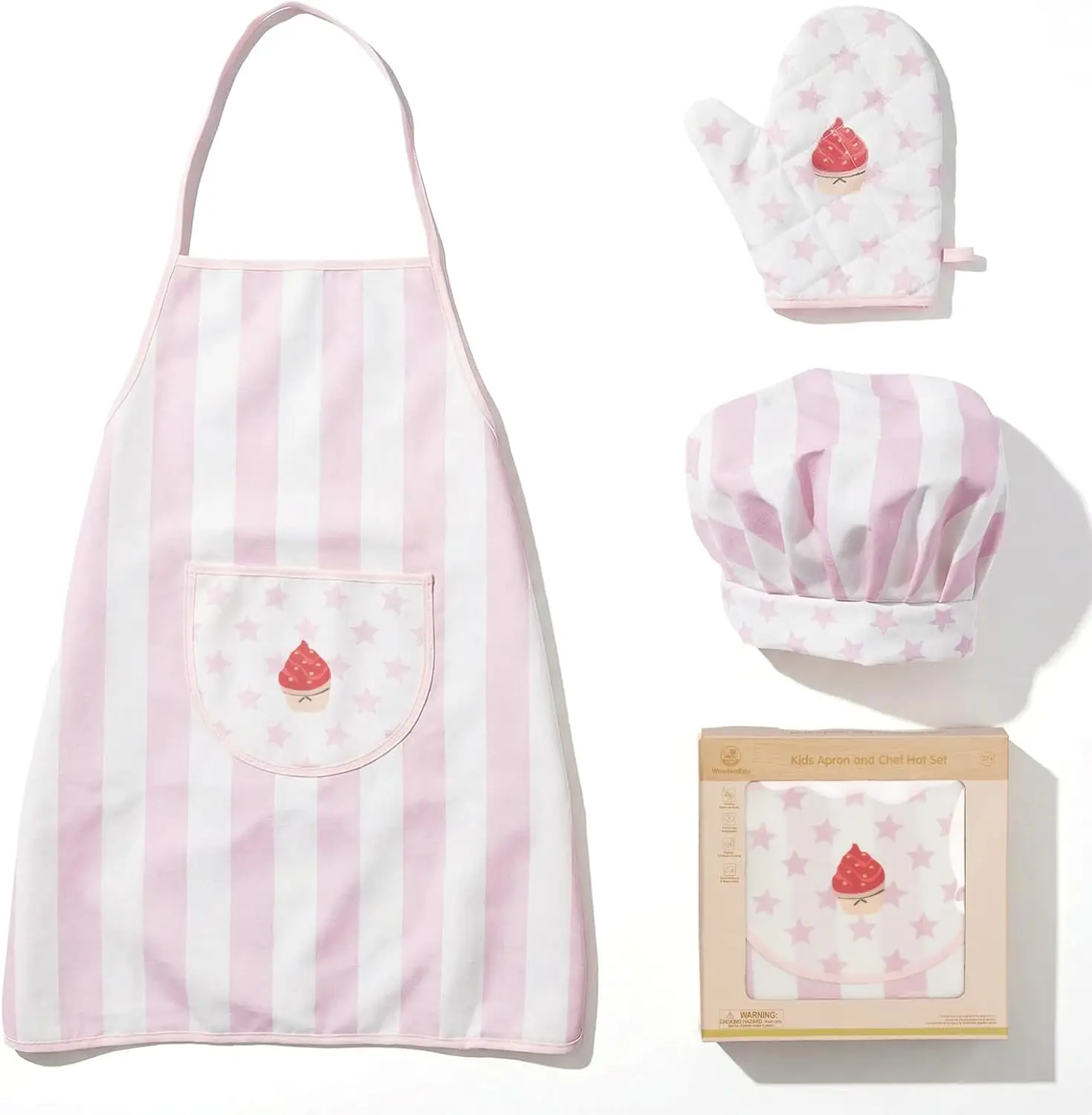 

3 Pcs Kids Apron Chef Hat Set, Waterproof Polyester, Role Play Cooking Toy for Girls Boys (Pink)
