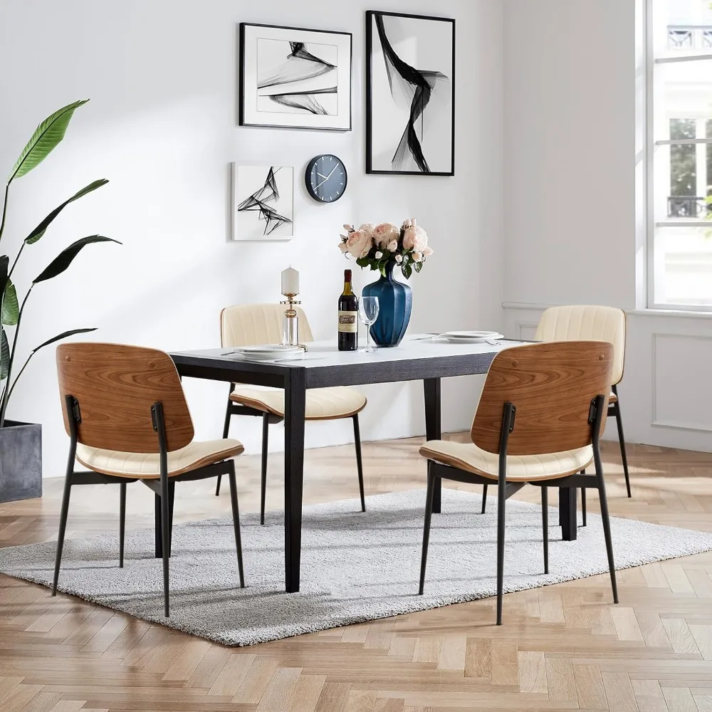 

Dining Chairs Set of 4 Mid Century Modern Retro Faux Leather Chairs with Walnut Bentwood Upholstered Seat Metal Legs Cha