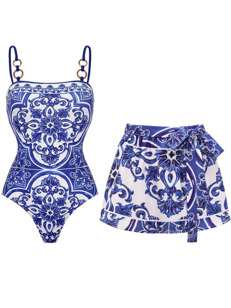 Retro Bikini Printed Fashion Two Piece Swimsuit And Cover Up With Skirt Tight Women's Bandage Summer Beach Luxury Elegant